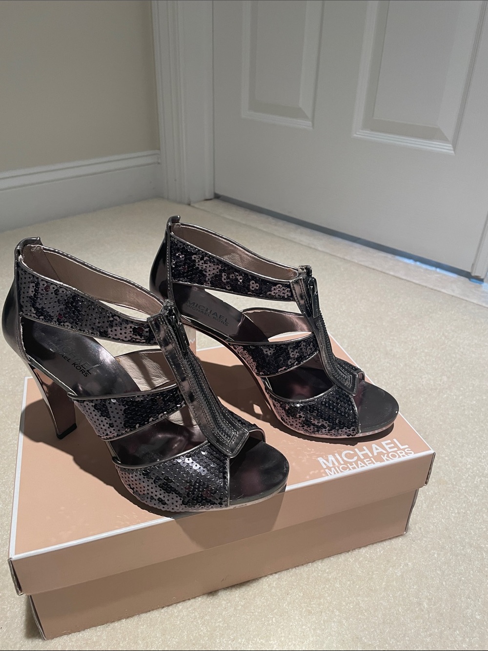 Michael Kors Black Sequin T-Strap High Heel Sandals